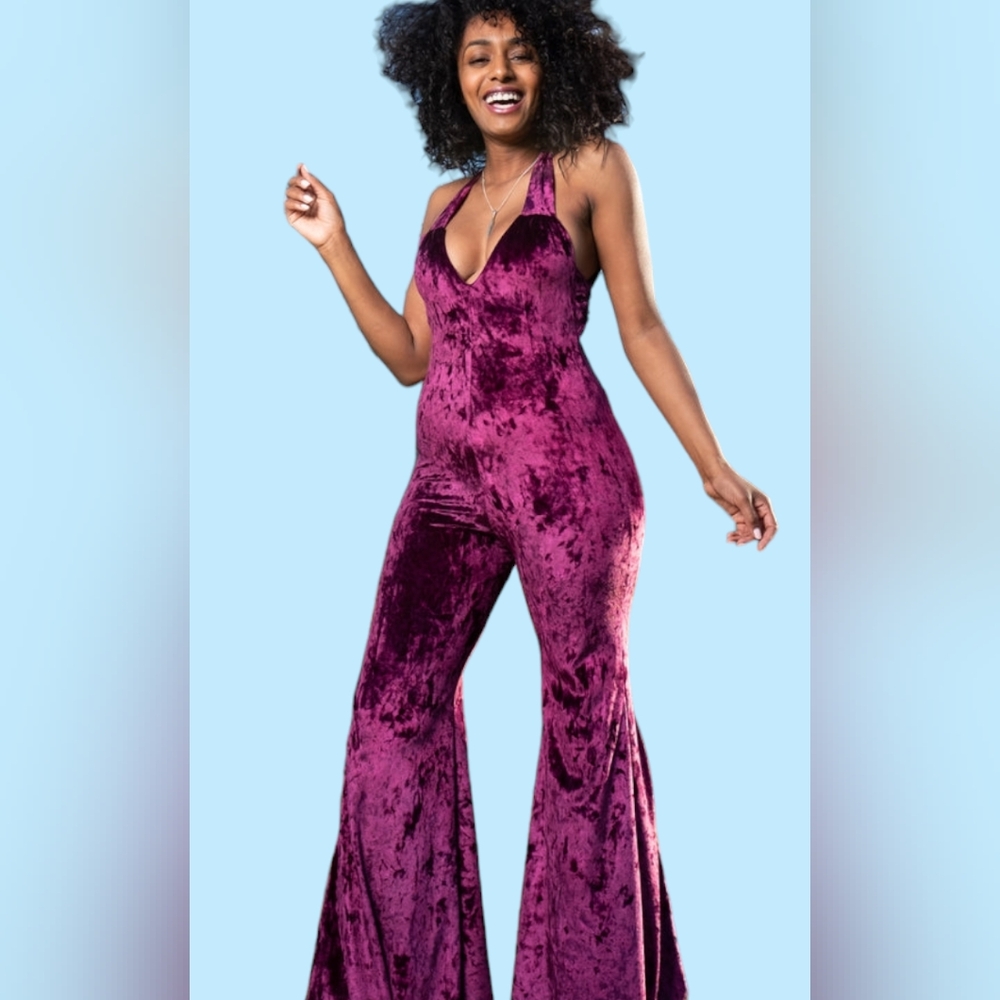 Warrior Within Boysenberry Velvet Jumpsuit M Bell Bottoms